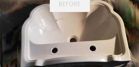 cracked ceramic basin prior renovation