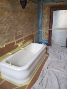 bathroom masked and prepared for bath resurfacing